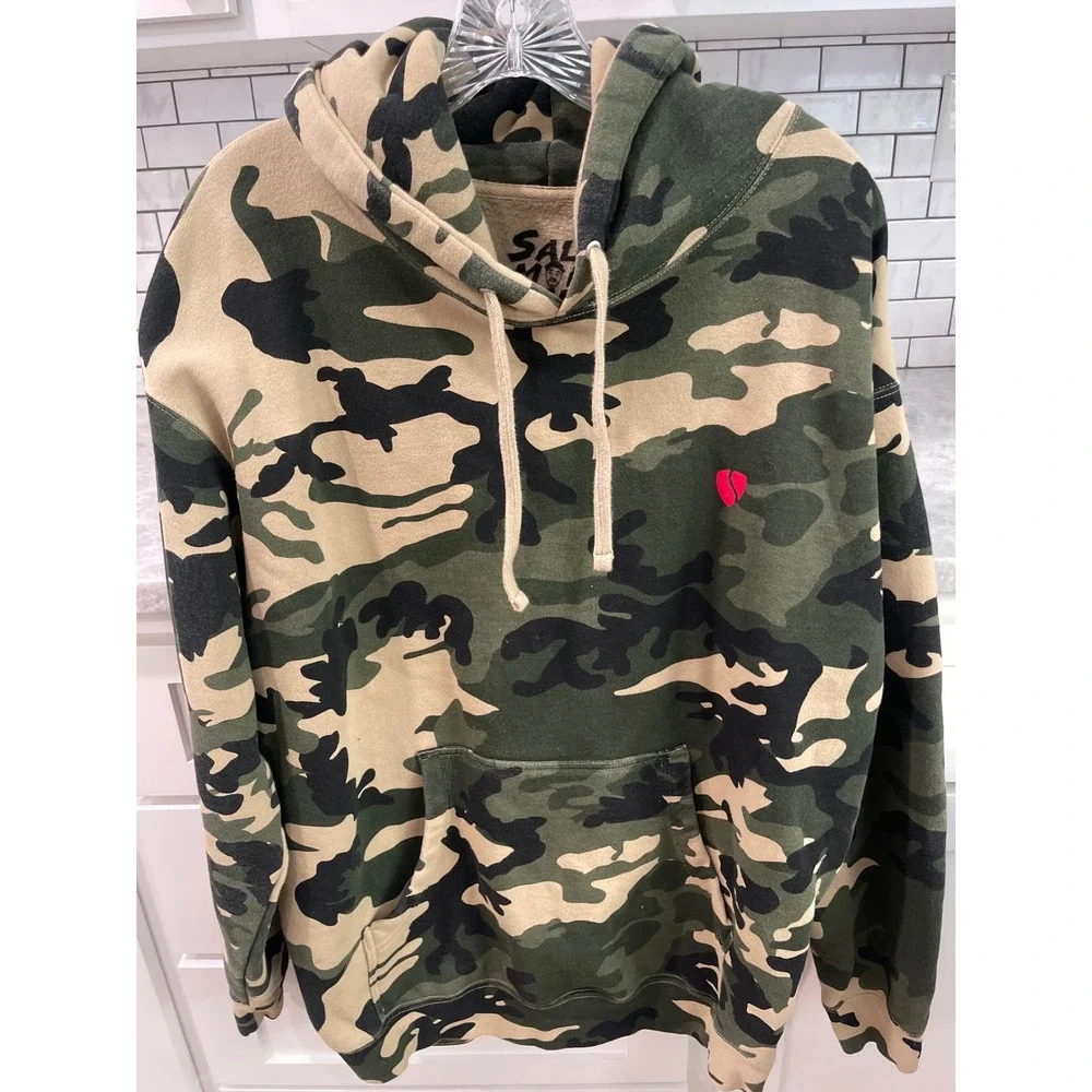 Salomondrin Hoodie Mens Large Green Camo Pullover Heart Logo Sweatshirt